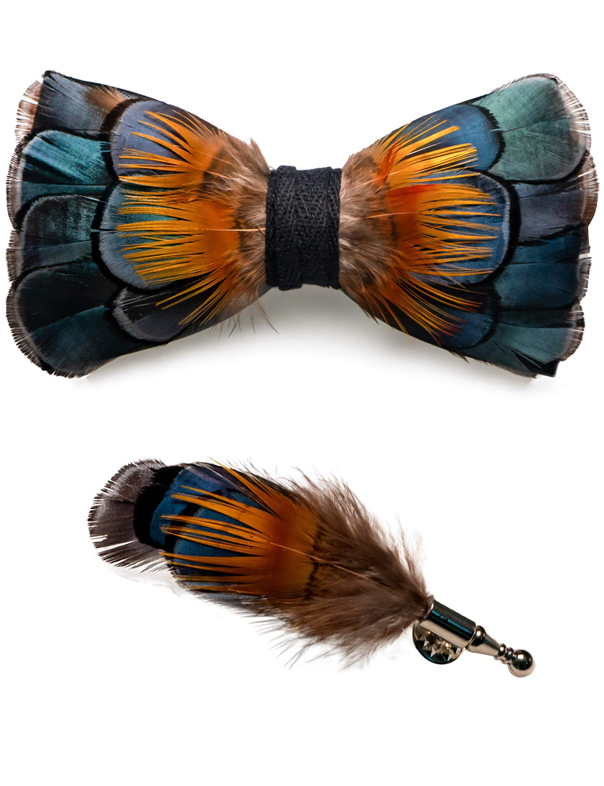 RBOCOTT Handmade Feather Pre-tied Bow tie and Brooch Sets for Men