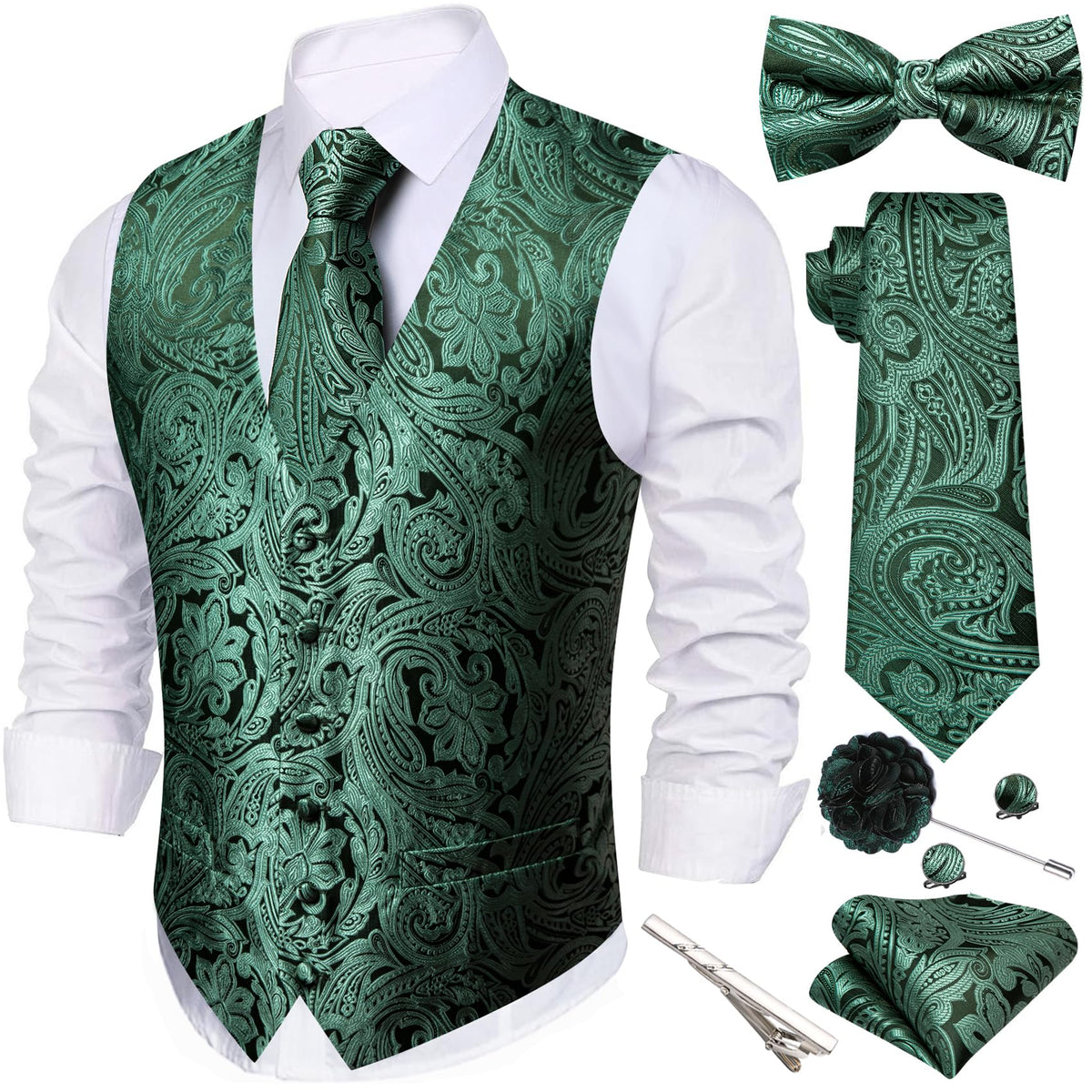 Barry.Wang Men's Suit Vest Tie Bowtie Hanky Cufflinks Clip Brooch 7PCS