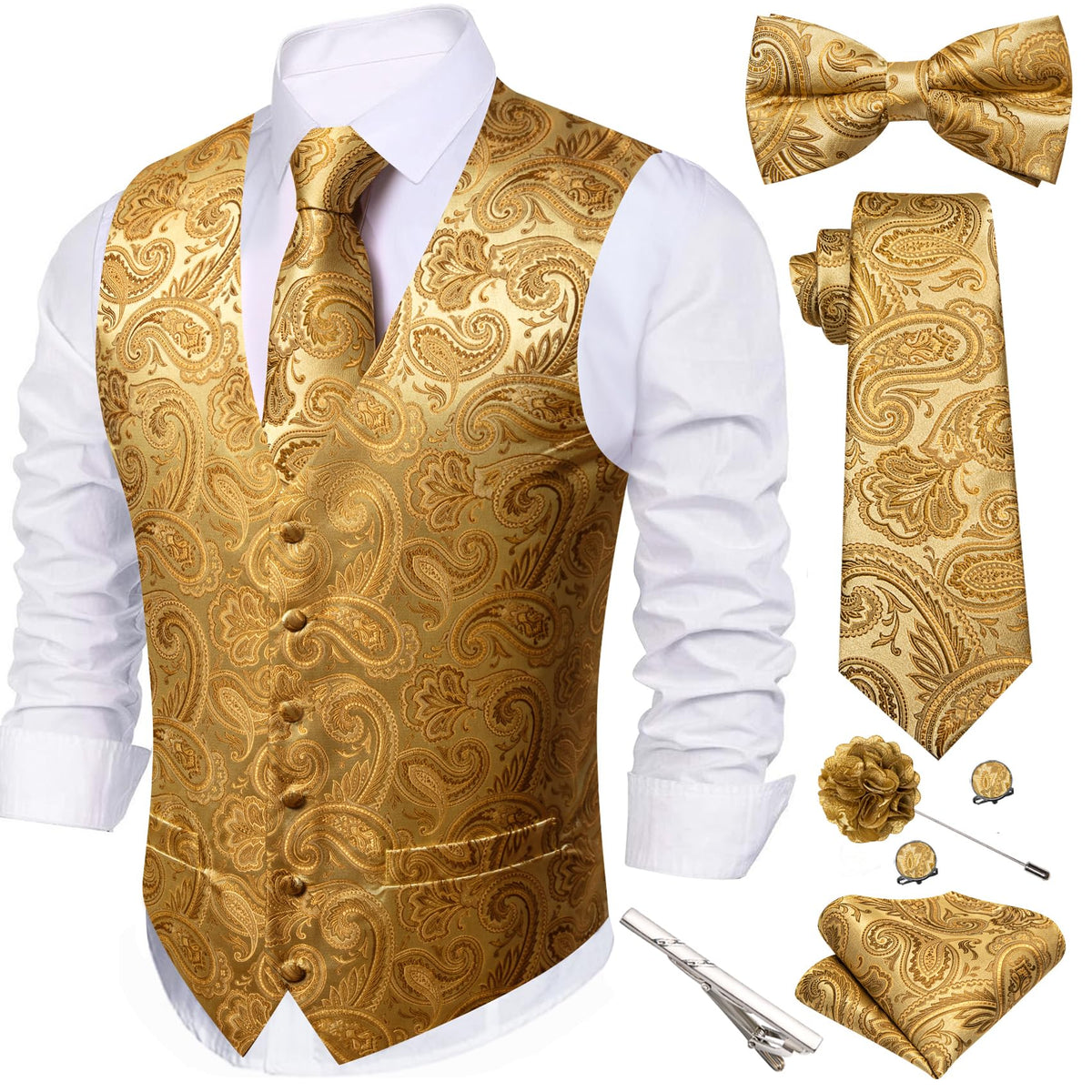 Barry.Wang Men's Suit Vest Tie Bowtie Hanky Cufflinks Clip Brooch 7PCS