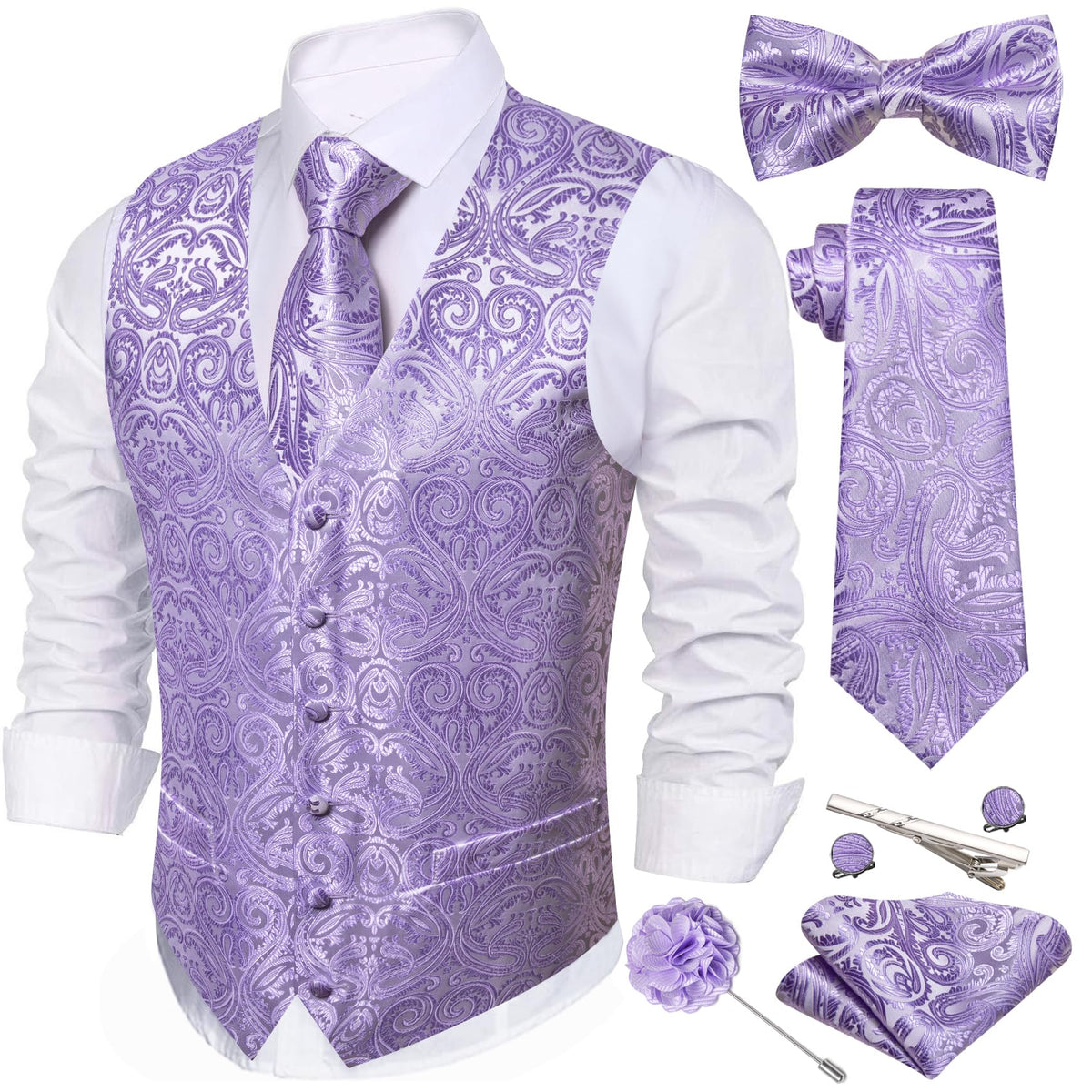 Barry.Wang Men's Suit Vest Tie Bowtie Hanky Cufflinks Clip Brooch 7PCS