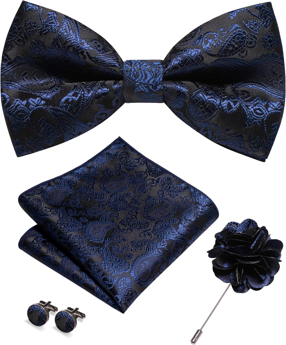 JEMYGINS Paisley Pre-tied Bow Tie and Pocket Square Cufflinks Lapel Pin Sets for Men 4PCS