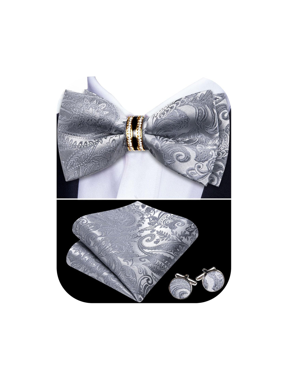 YOHOWA Bow Tie Set Men Paisley Pre-tied Silk Bowties with Gold Drilled Ring