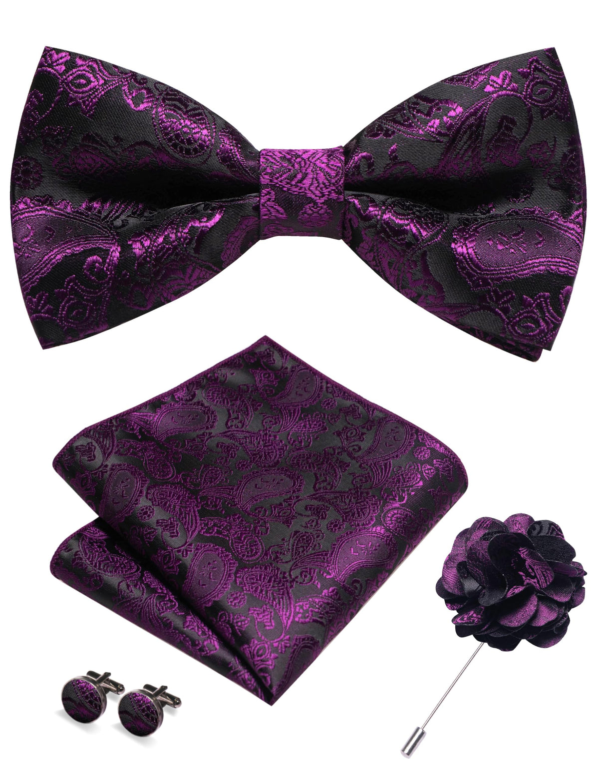 JEMYGINS Paisley Pre-tied Bow Tie and Pocket Square Cufflinks Lapel Pin Sets for Men 4PCS