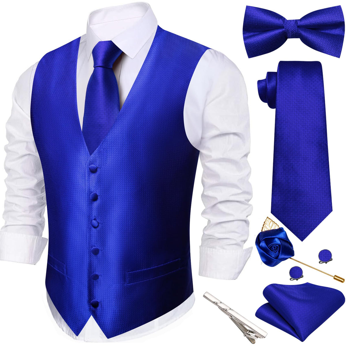 Barry.Wang Men's Suit Vest Tie Bowtie Hanky Cufflinks Clip Brooch 7PCS