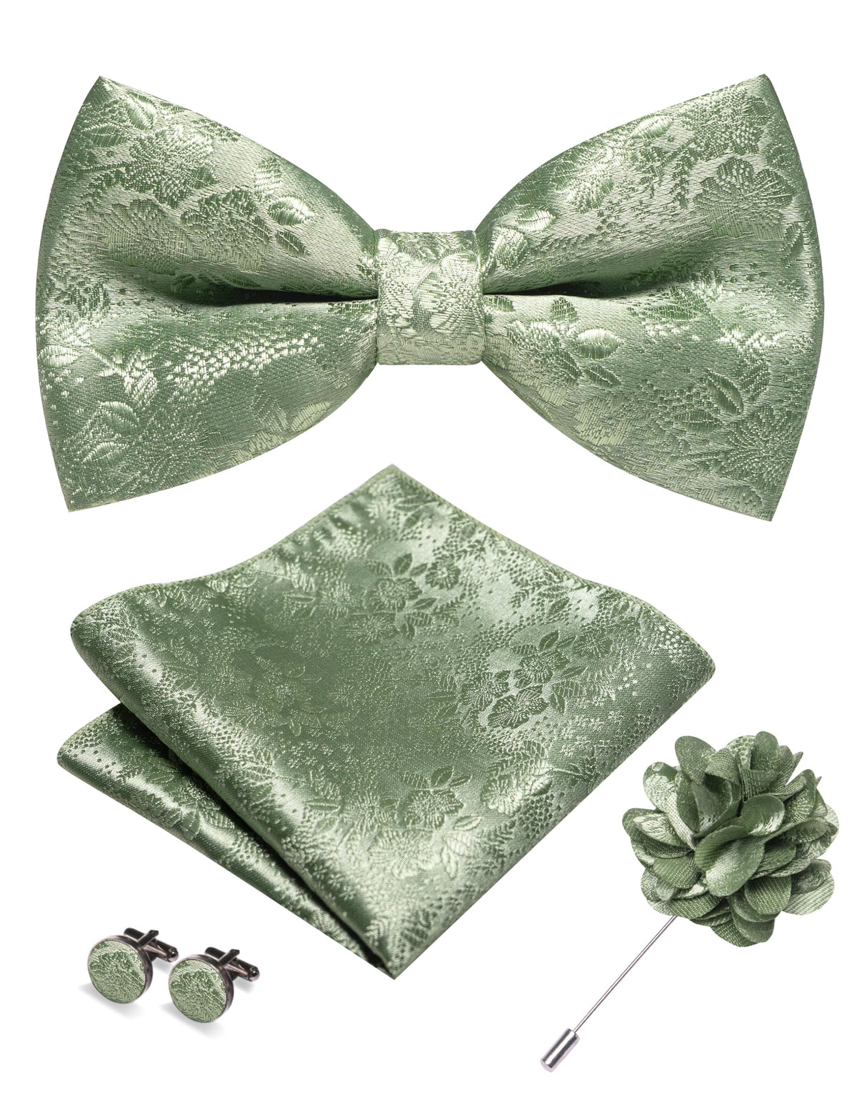 JEMYGINS Floral Pre-tied Bow Tie and Pocket Square Cufflinks Lapel Pin Sets for Men 4PCS