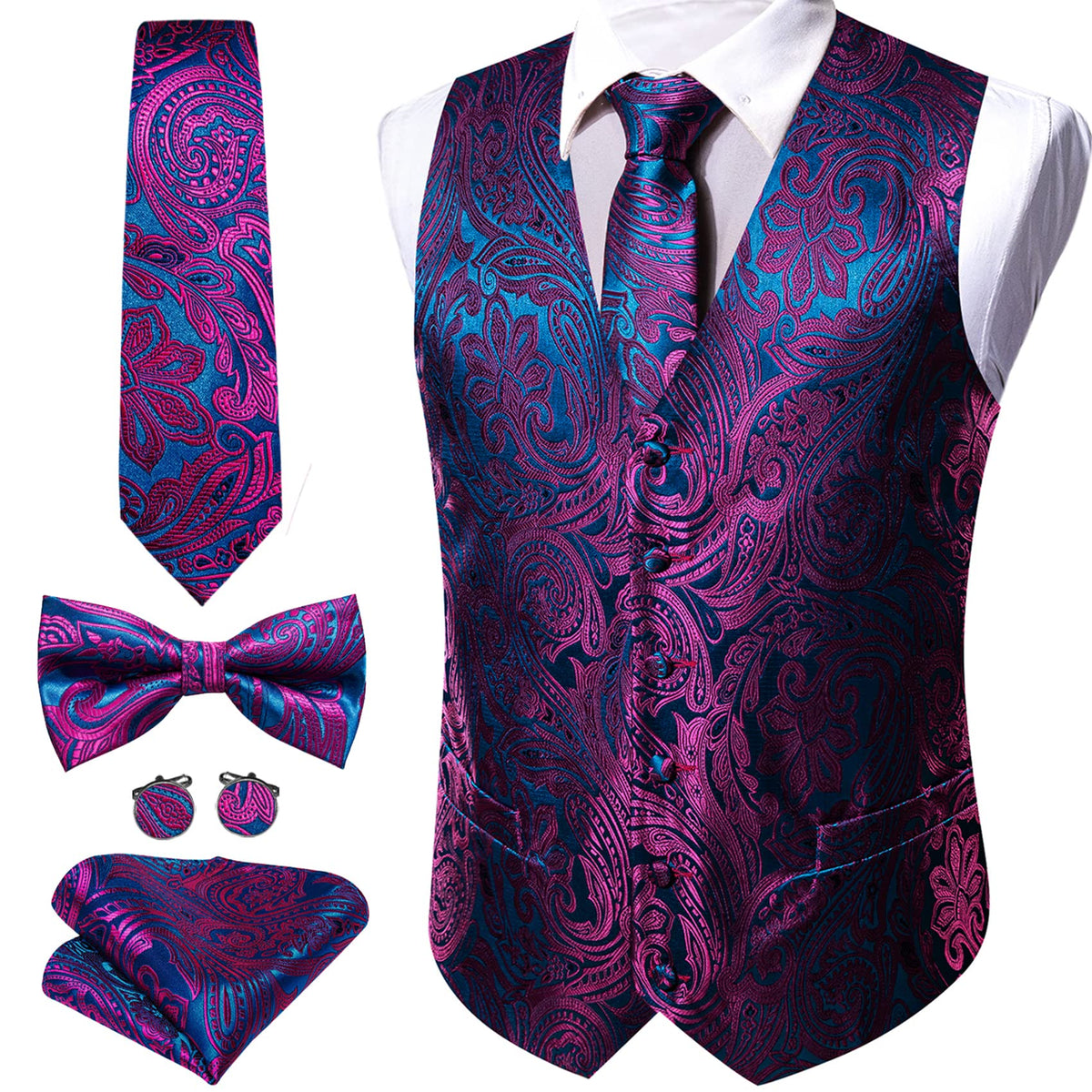Barry.Wang Men's Suit Vest Tie Bowtie Hanky Cufflinks Clip Brooch 7PCS