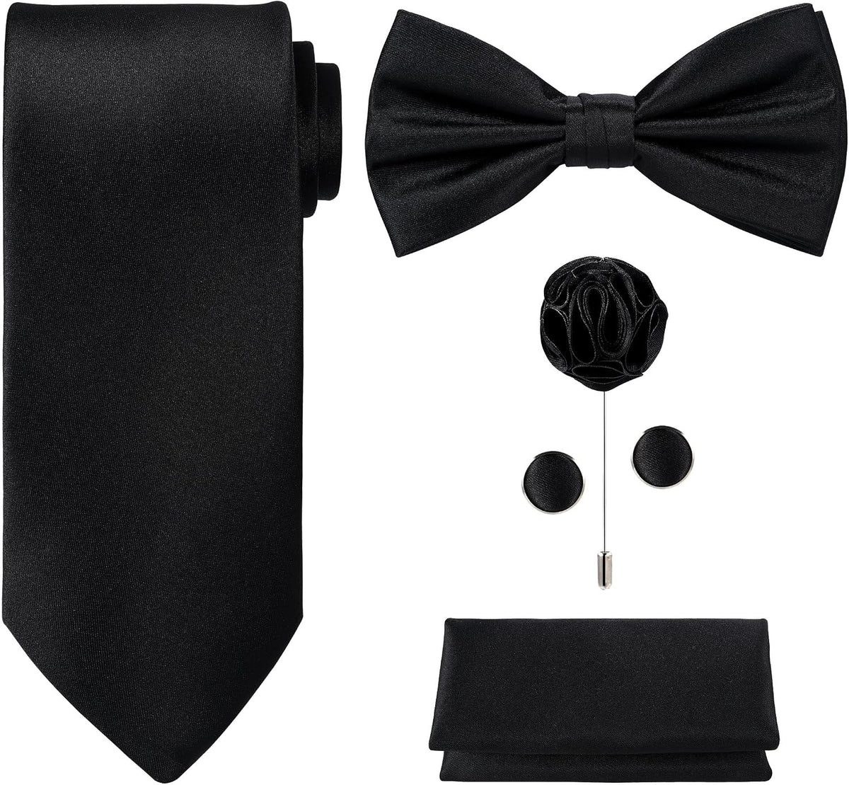 TIE G 5pcs Tie Set in WHITE OR BLACK GIFT BOX: Solid Color Necktie, Satin Bow Tie, Pocket Square, Lapel, Cuff Links