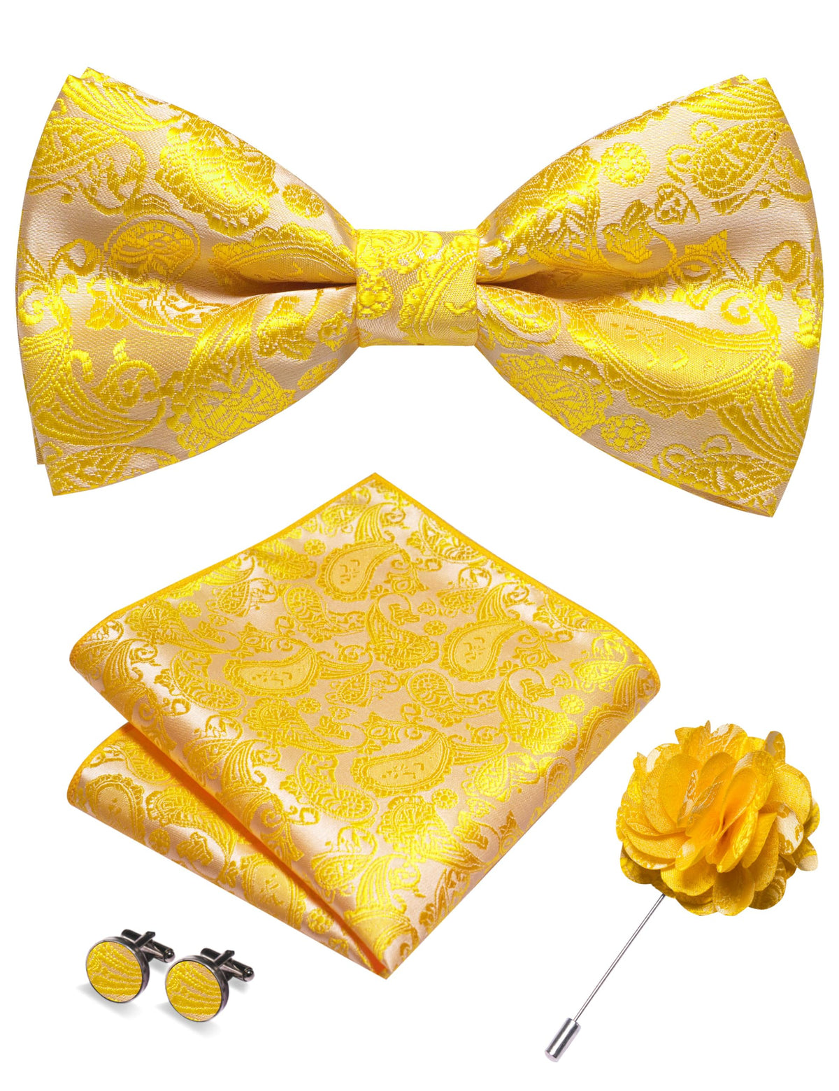 JEMYGINS Paisley Pre-tied Bow Tie and Pocket Square Cufflinks Lapel Pin Sets for Men 4PCS
