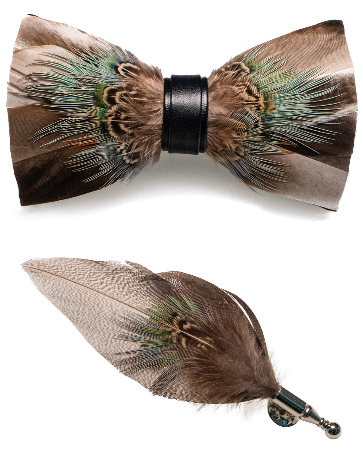RBOCOTT Handmade Feather Pre-tied Bow tie and Brooch Sets for Men