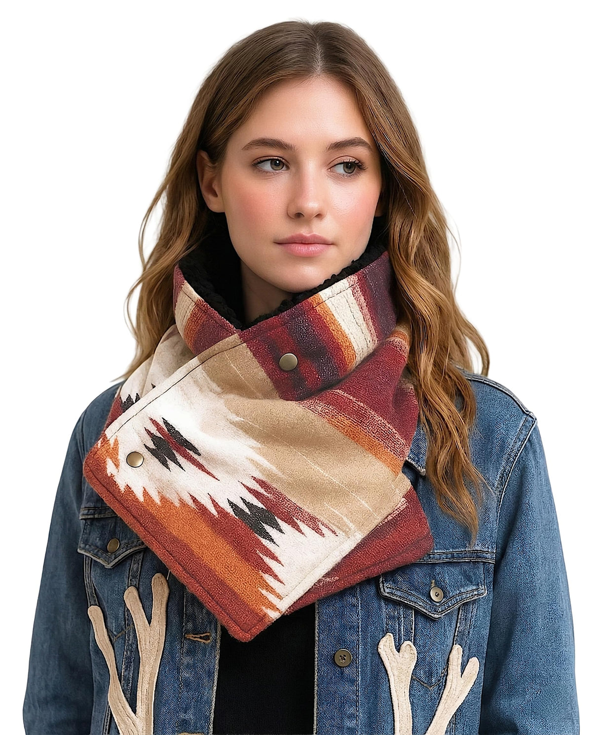 Achillea Southwestern Aztec Western Cowboy Scarf for Women, Tribal Snap Button Cowl Scarf, Geometric Neck Warmer & Gaiter