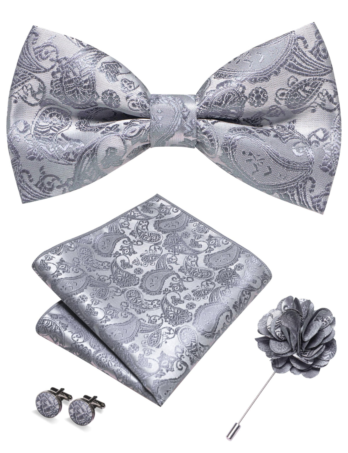 JEMYGINS Paisley Pre-tied Bow Tie and Pocket Square Cufflinks Lapel Pin Sets for Men 4PCS