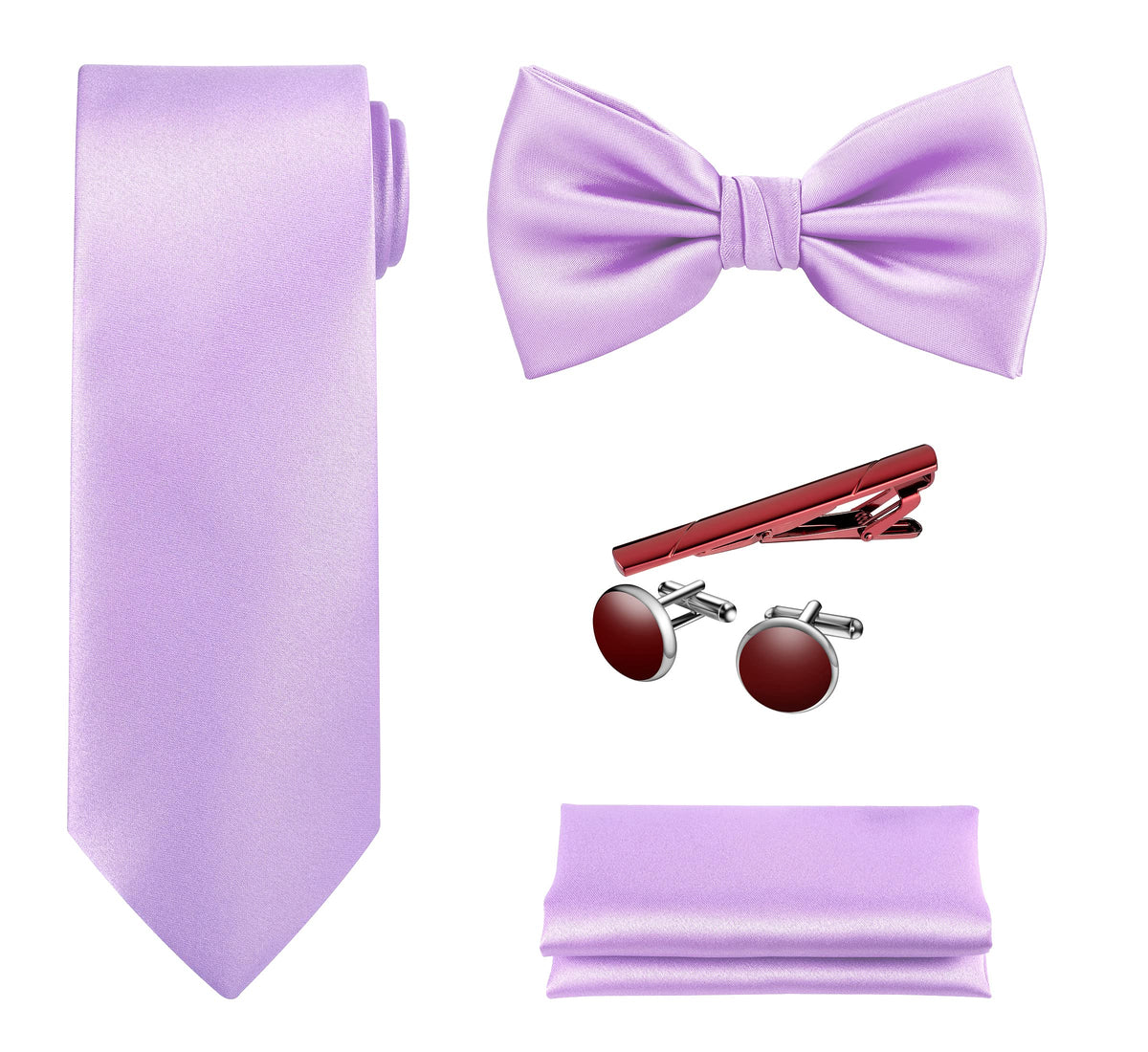TIE G 5pcs Tie Set in WHITE OR BLACK GIFT BOX: Solid Color Necktie, Satin Bow Tie, Pocket Square, Lapel, Cuff Links