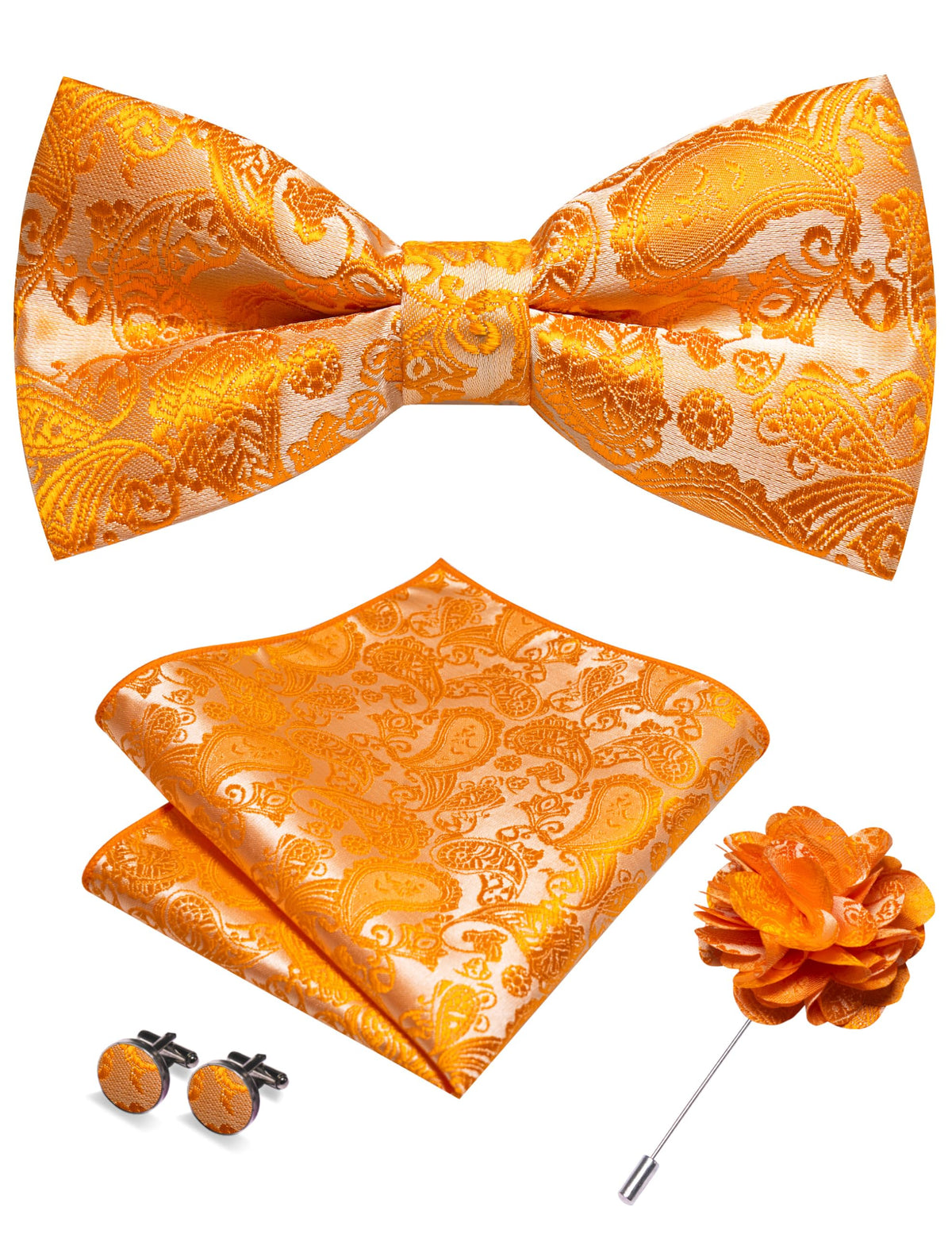 JEMYGINS Paisley Pre-tied Bow Tie and Pocket Square Cufflinks Lapel Pin Sets for Men 4PCS