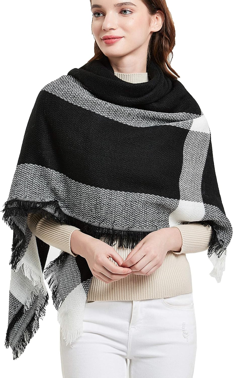 Wander Agio Womens Warm Blanket Scarf Square Winter Shawls Large Infinity Scarves Stripe Plaid Scarf