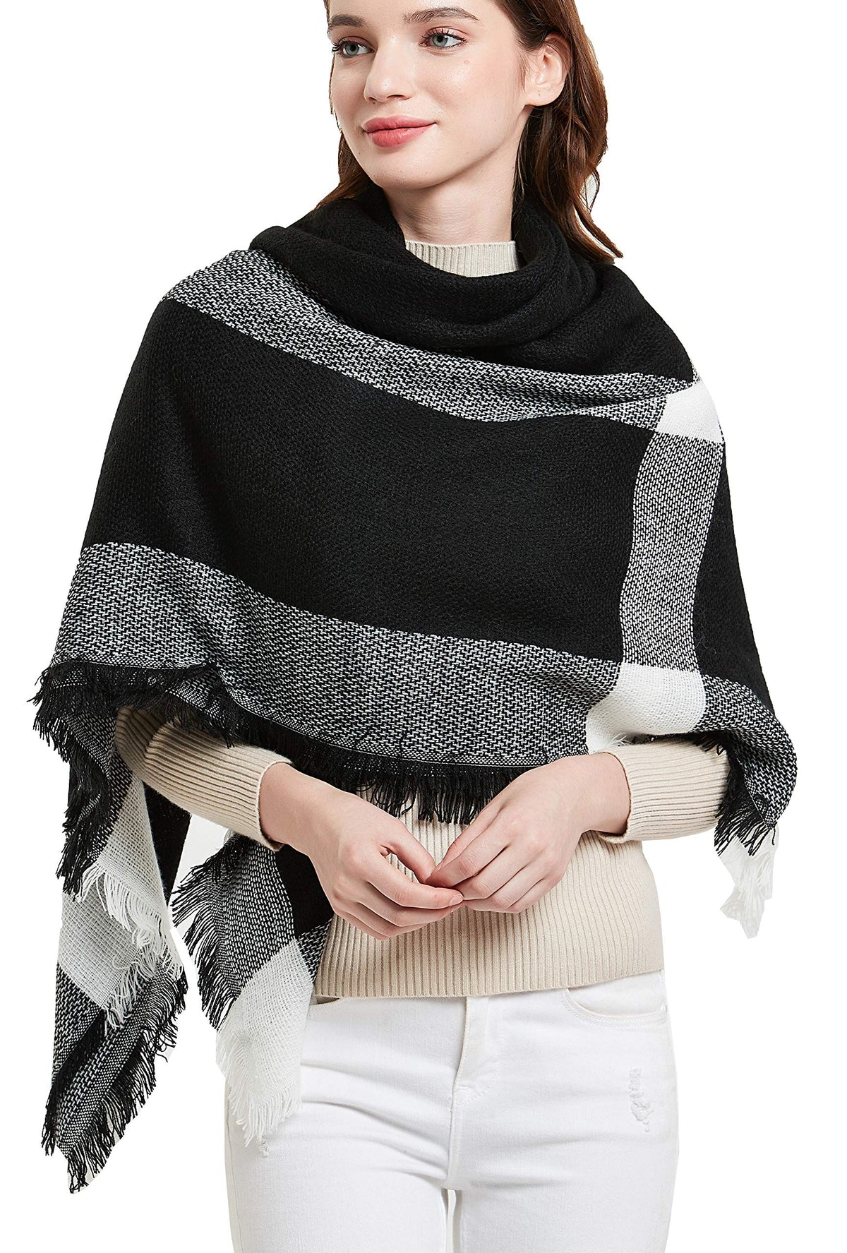 Wander Agio Womens Warm Blanket Scarf Square Winter Shawls Large Infinity Scarves Stripe Plaid Scarf