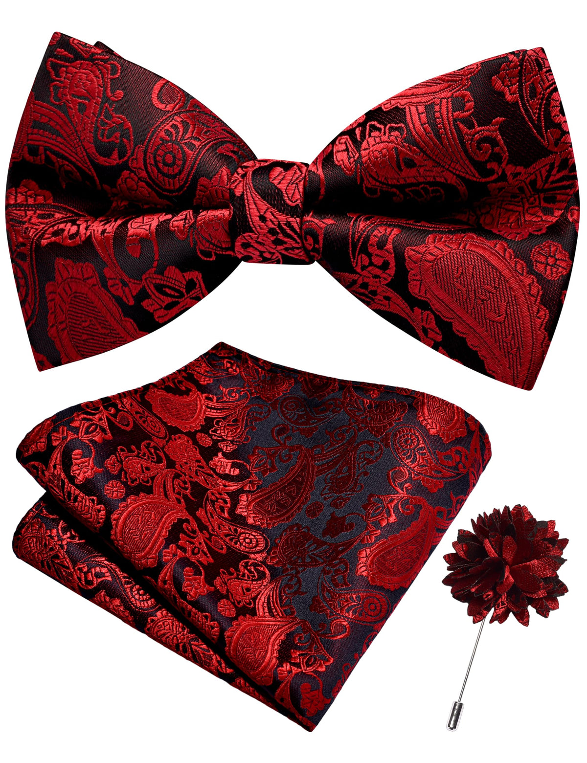 Branduce Paisley Pre-tied Bow Tie and Pocket Square Lapel Pin Set for Men
