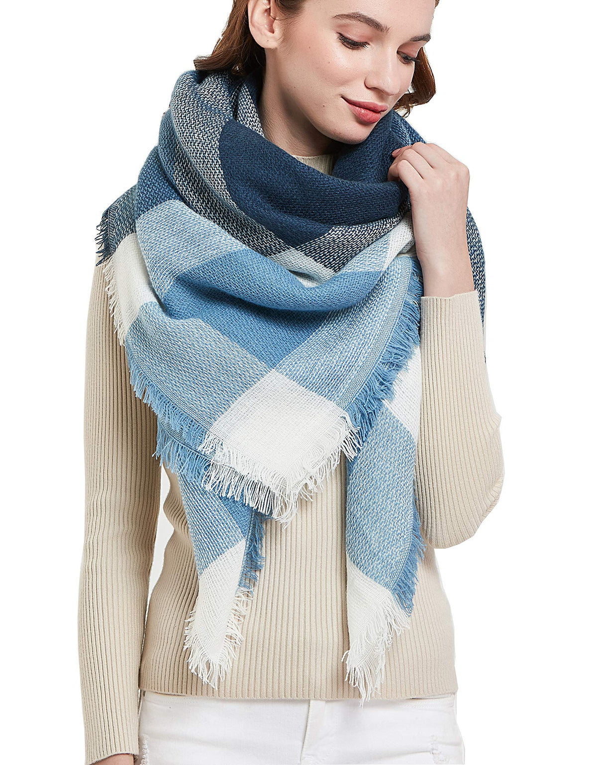 Wander Agio Womens Warm Blanket Scarf Square Winter Shawls Large Infinity Scarves Stripe Plaid Scarf