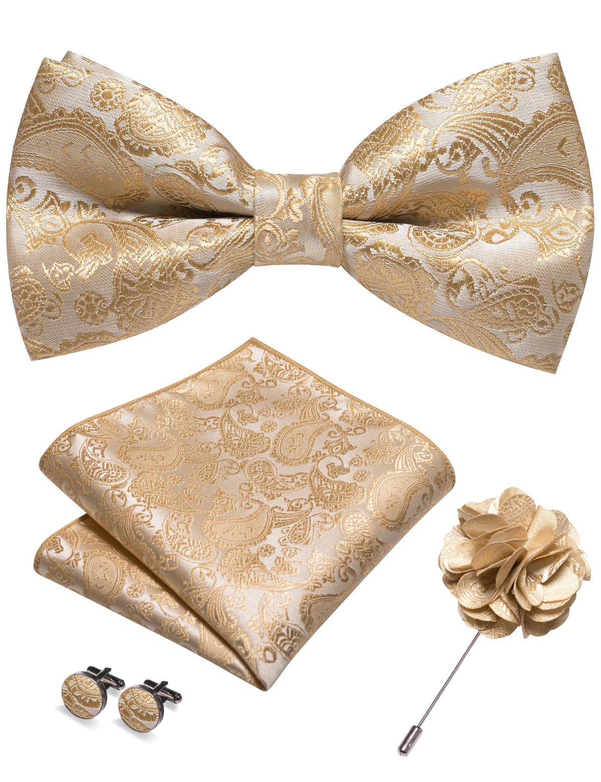 JEMYGINS Paisley Pre-tied Bow Tie and Pocket Square Cufflinks Lapel Pin Sets for Men 4PCS