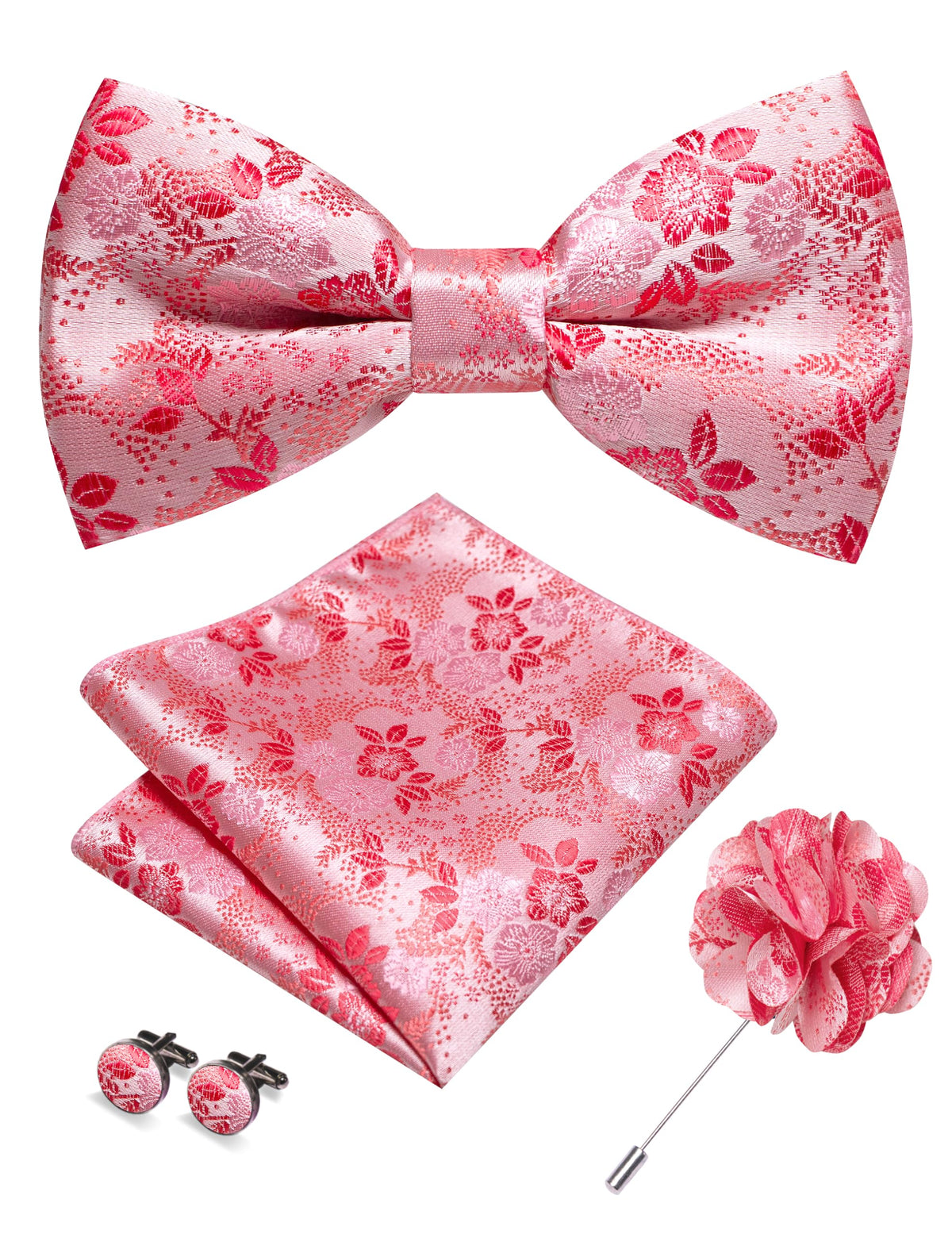 JEMYGINS Floral Pre-tied Bow Tie and Pocket Square Cufflinks Lapel Pin Sets for Men 4PCS