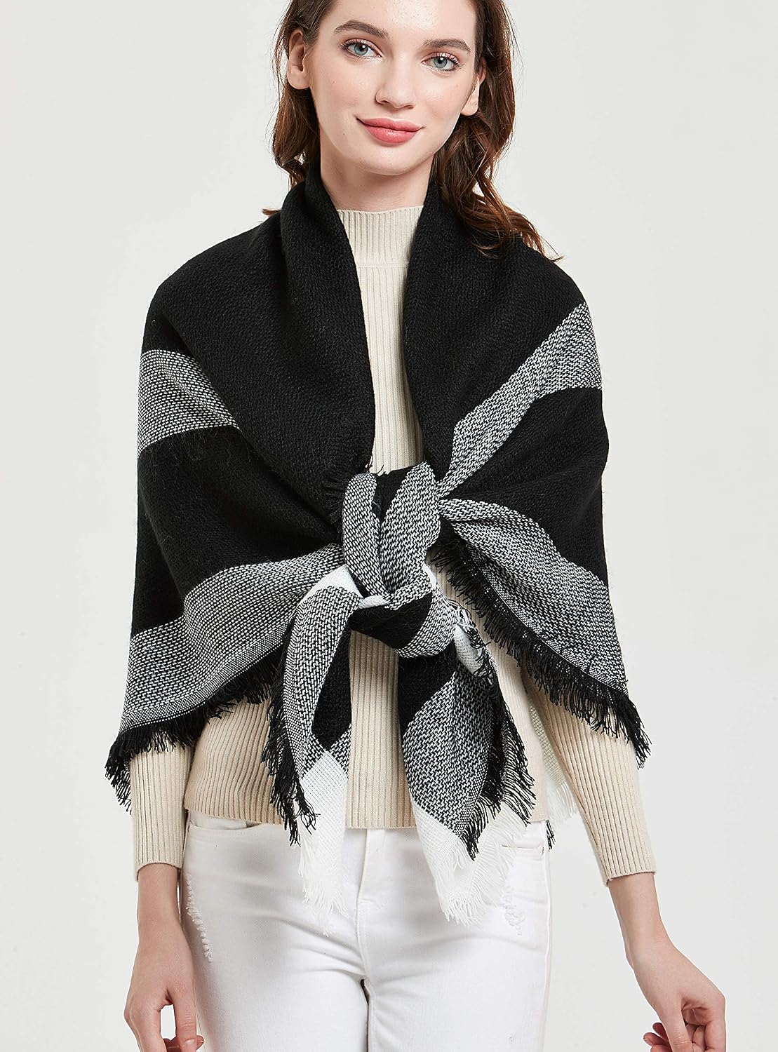 Wander Agio Womens Warm Blanket Scarf Square Winter Shawls Large Infinity Scarves Stripe Plaid Scarf
