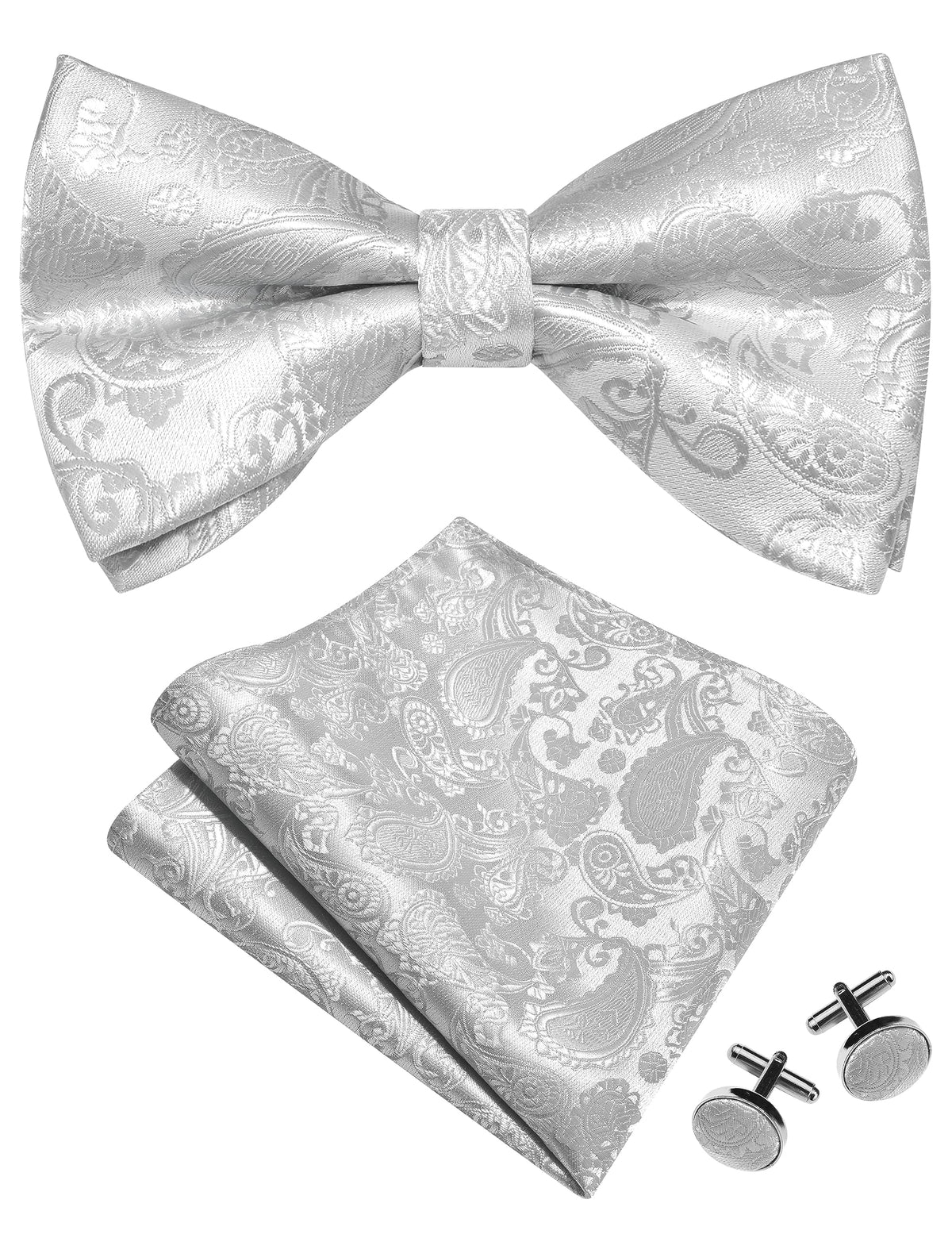GUSLESON Mens Paisley Bow Tie Handkerchief Jacquard Woven Adjustable Pre-Tied Bowties Pocket Square Cufflinks Set