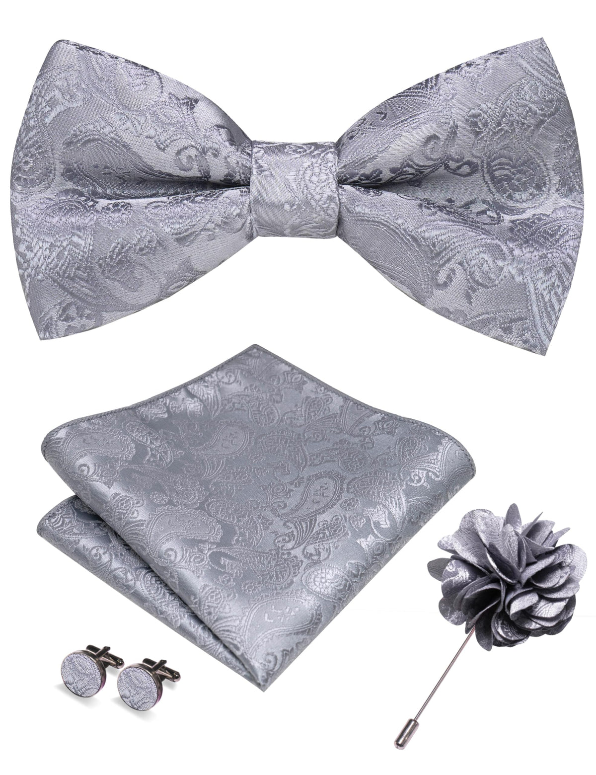JEMYGINS Paisley Pre-tied Bow Tie and Pocket Square Cufflinks Lapel Pin Sets for Men 4PCS