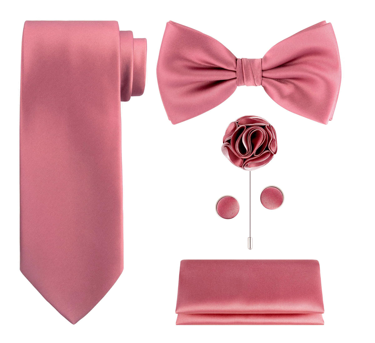TIE G 5pcs Tie Set in WHITE OR BLACK GIFT BOX: Solid Color Necktie, Satin Bow Tie, Pocket Square, Lapel, Cuff Links
