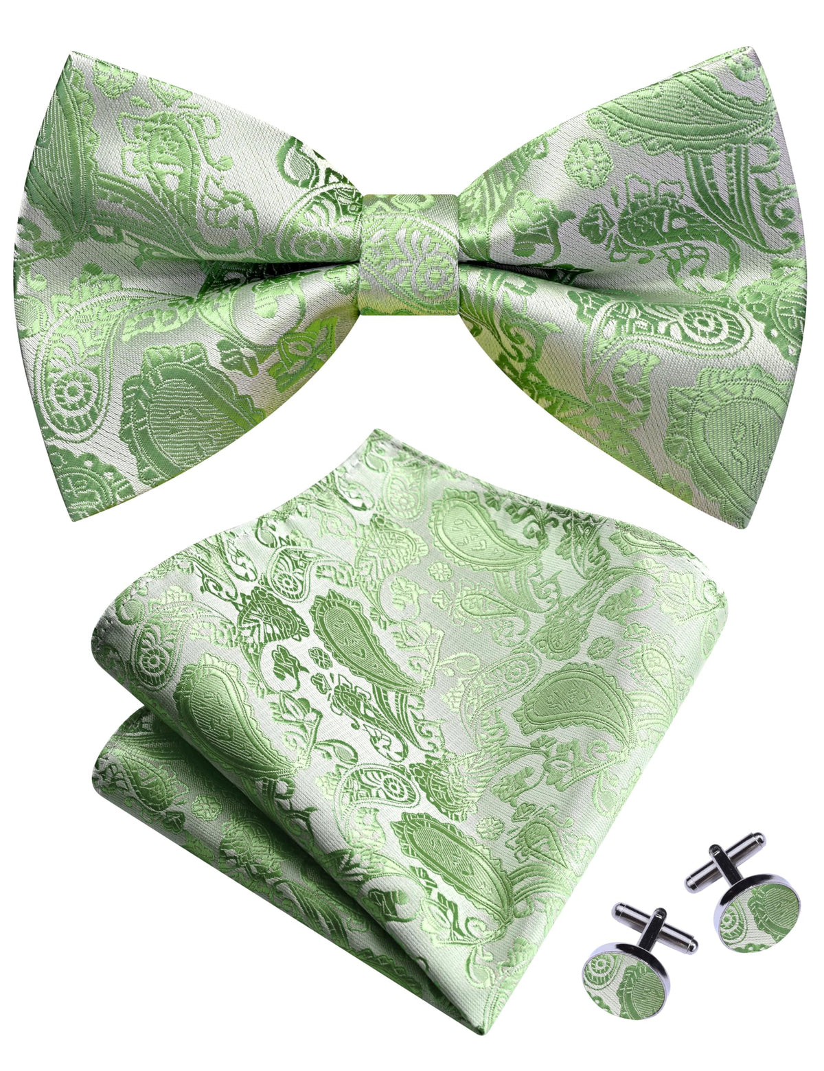 GUSLESON Mens Paisley Bow Tie Handkerchief Jacquard Woven Adjustable Pre-Tied Bowties Pocket Square Cufflinks Set