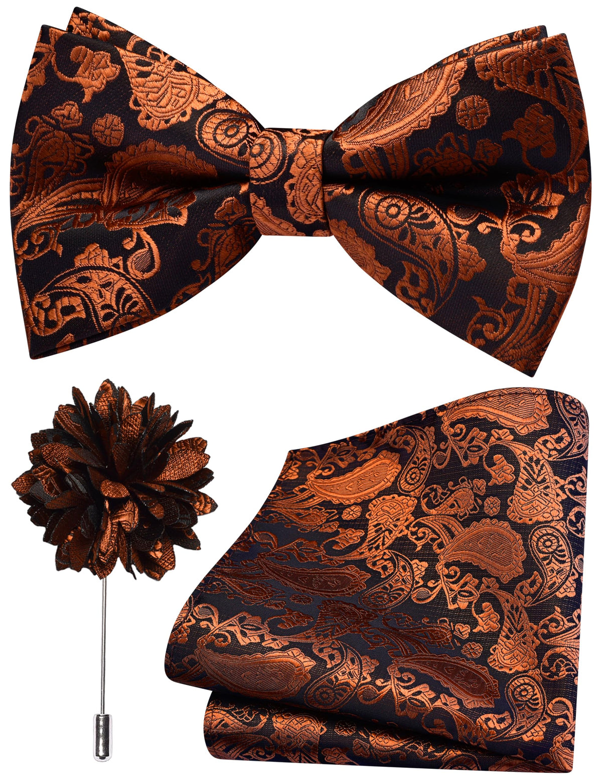 Branduce Paisley Pre-tied Bow Tie and Pocket Square Lapel Pin Set for Men
