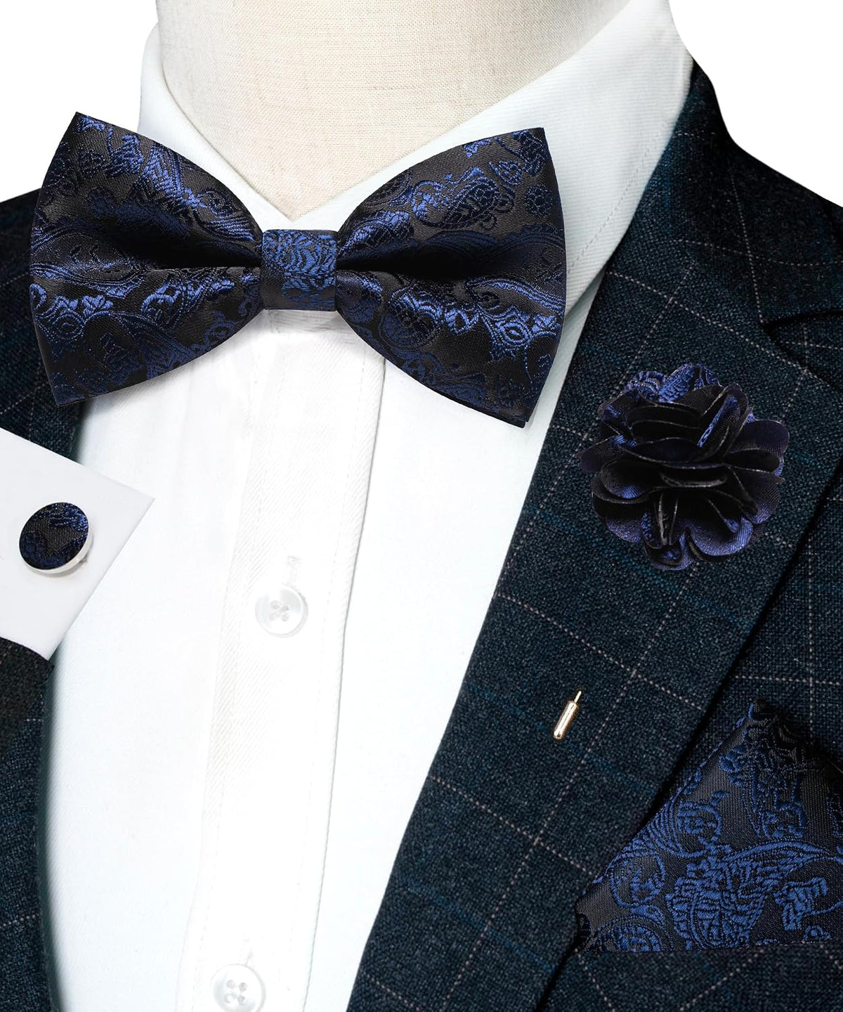 JEMYGINS Paisley Pre-tied Bow Tie and Pocket Square Cufflinks Lapel Pin Sets for Men 4PCS