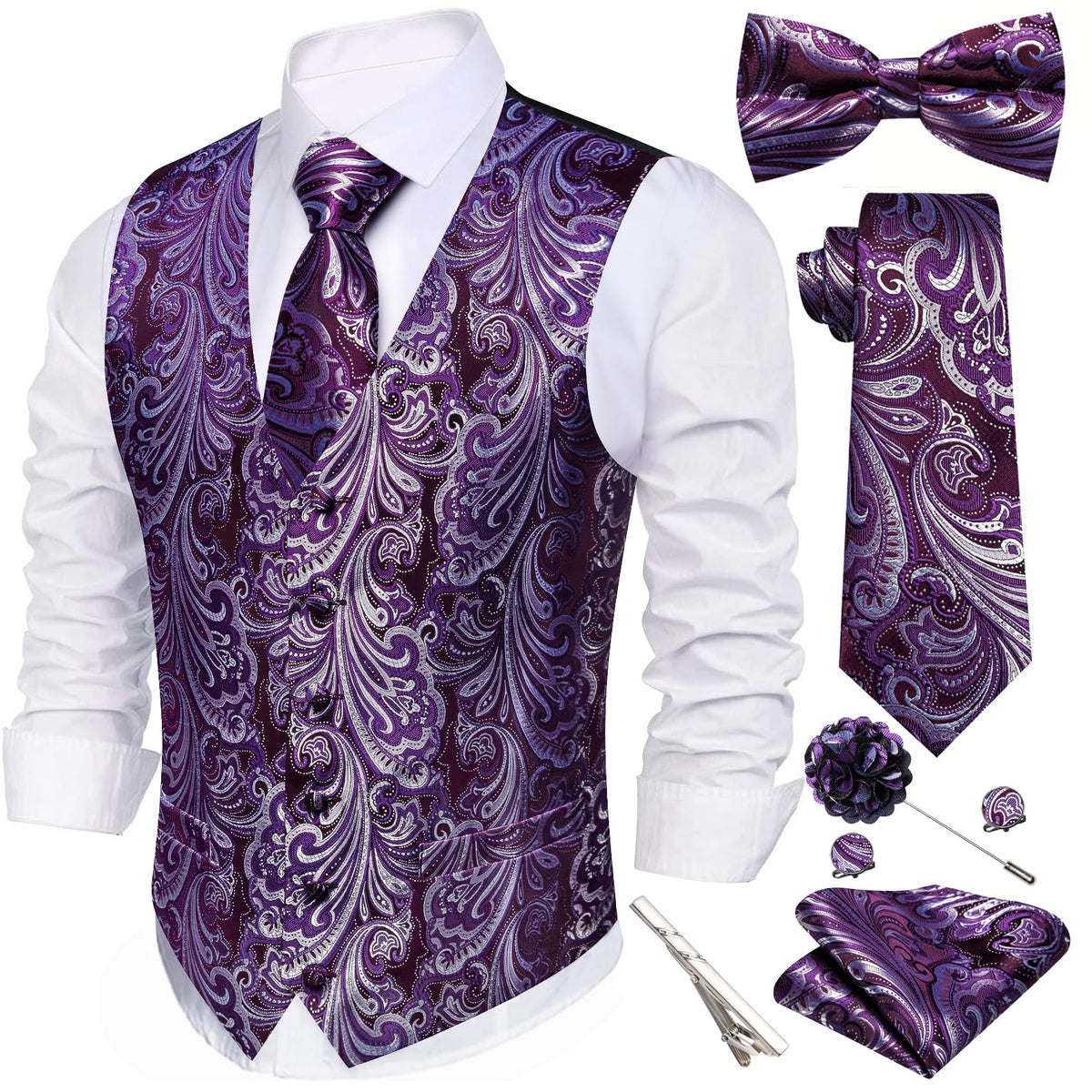 Barry.Wang Men's Suit Vest Tie Bowtie Hanky Cufflinks Clip Brooch 7PCS