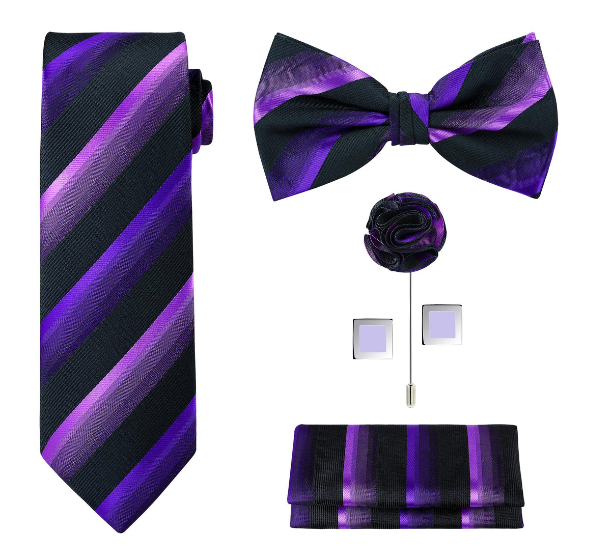 TIE G 5pcs Tie Set in WHITE OR BLACK GIFT BOX: Solid Color Necktie, Satin Bow Tie, Pocket Square, Lapel, Cuff Links