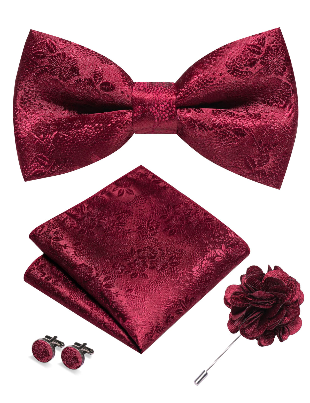 JEMYGINS Floral Pre-tied Bow Tie and Pocket Square Cufflinks Lapel Pin Sets for Men 4PCS