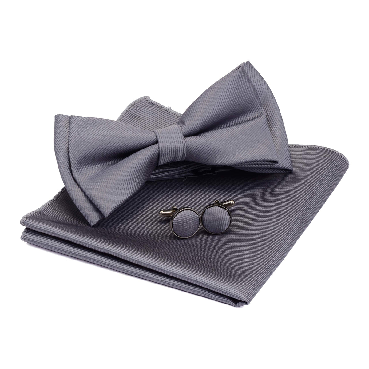 GUSLESON Mens Solid Color Two Layer Pre-tied Bow Tie and Pocket Square Cufflink Set with Gift Box