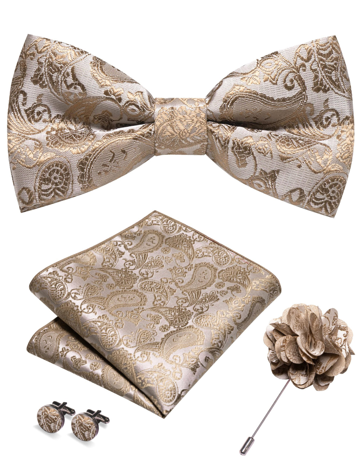 JEMYGINS Paisley Pre-tied Bow Tie and Pocket Square Cufflinks Lapel Pin Sets for Men 4PCS