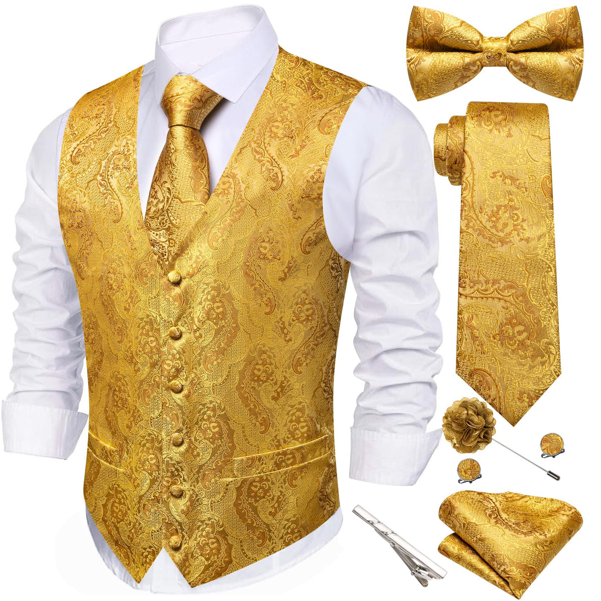 Barry.Wang Men's Suit Vest Tie Bowtie Hanky Cufflinks Clip Brooch 7PCS