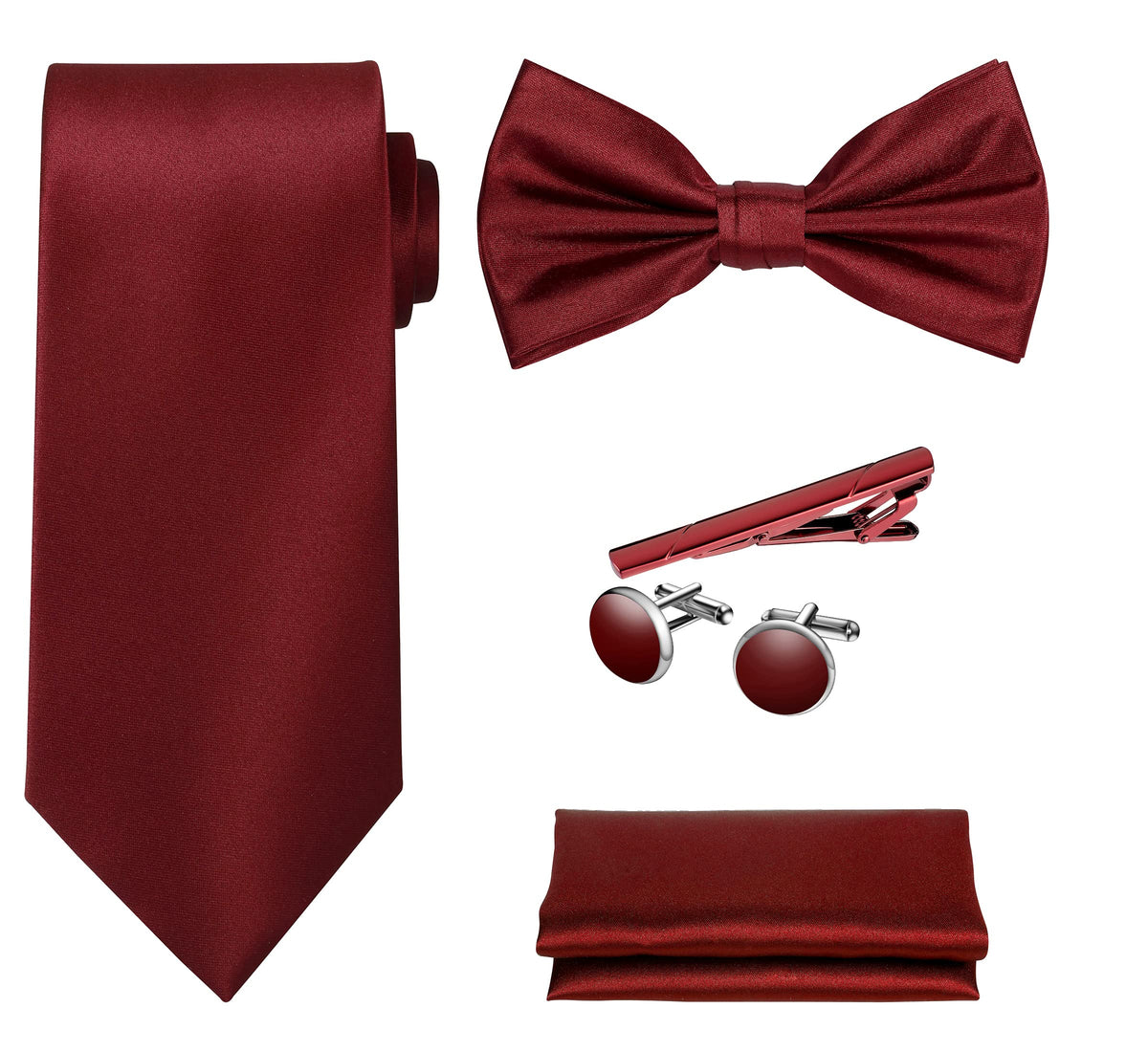 TIE G 5pcs Tie Set in WHITE OR BLACK GIFT BOX: Solid Color Necktie, Satin Bow Tie, Pocket Square, Lapel, Cuff Links