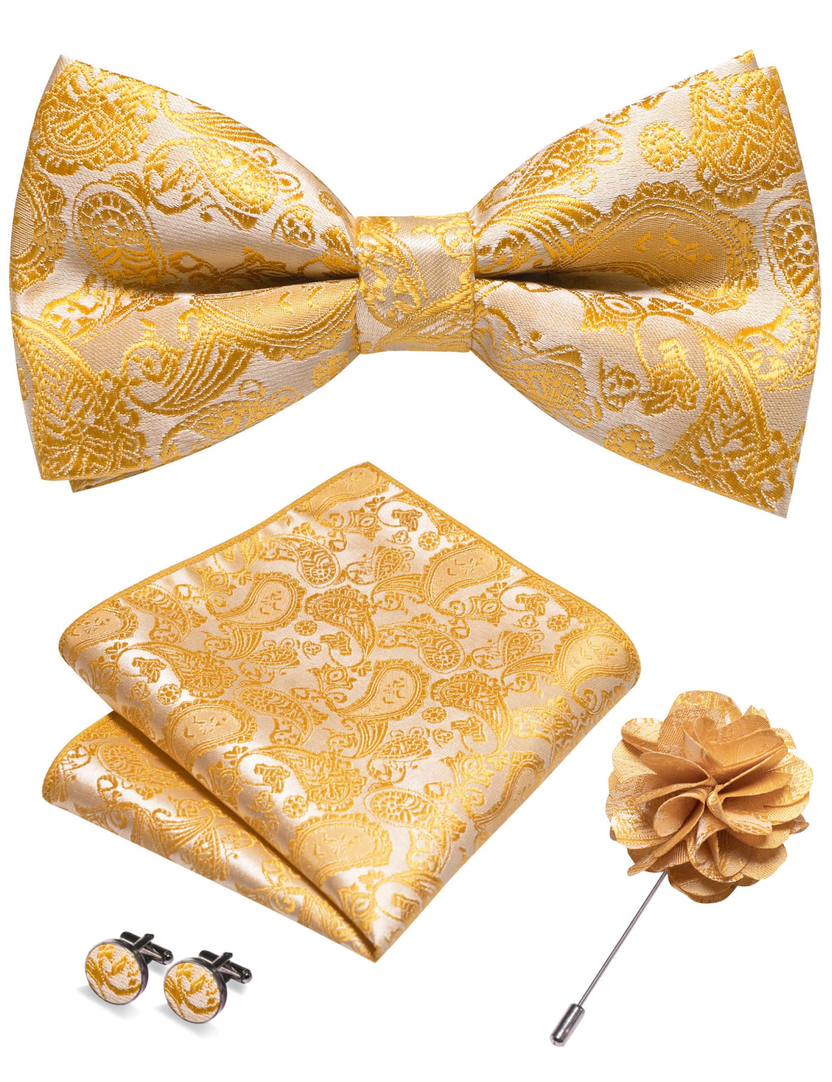 JEMYGINS Paisley Pre-tied Bow Tie and Pocket Square Cufflinks Lapel Pin Sets for Men 4PCS