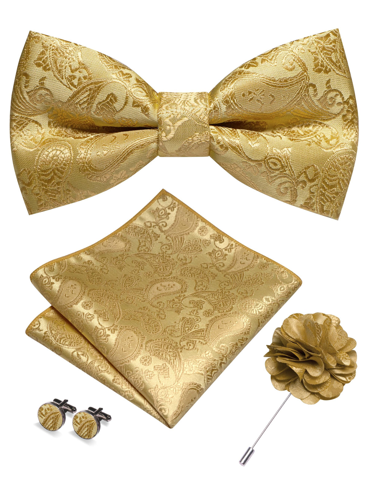 JEMYGINS Paisley Pre-tied Bow Tie and Pocket Square Cufflinks Lapel Pin Sets for Men 4PCS