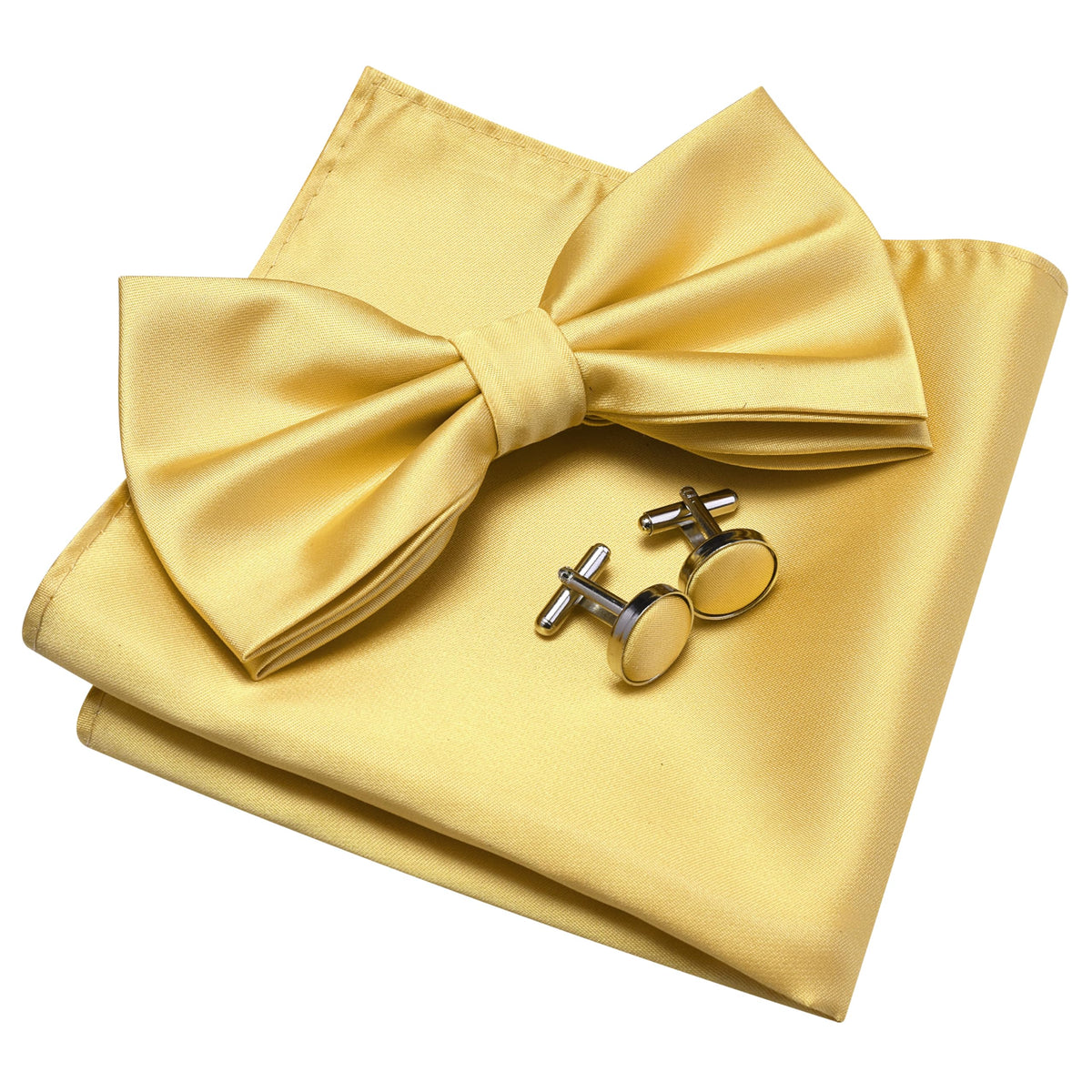 GUSLESON Mens Solid Color Double Fold Pre-tied Bow Tie and Pocket Square Cufflink Set with Gift Box