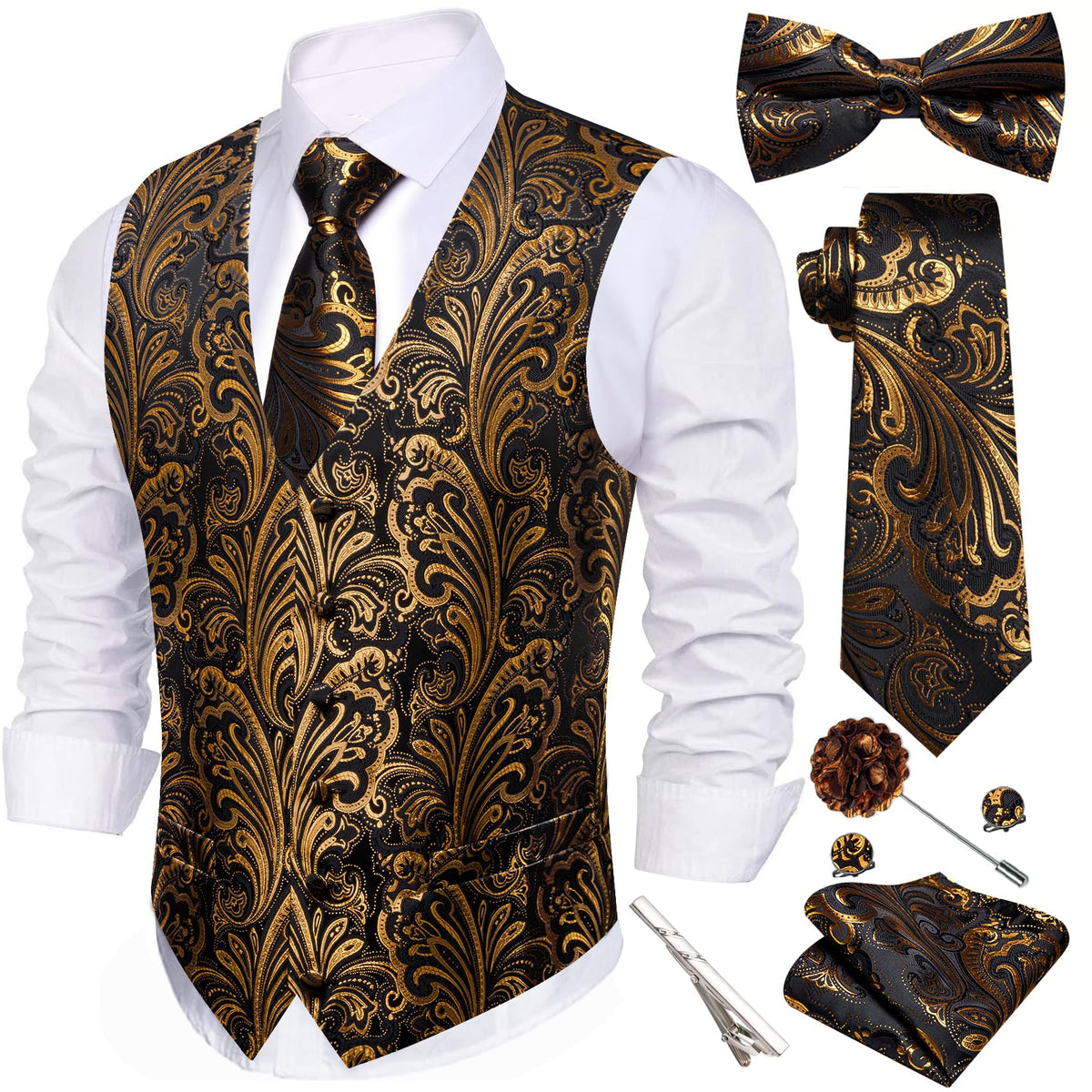 Barry.Wang Men's Suit Vest Tie Bowtie Hanky Cufflinks Clip Brooch 7PCS