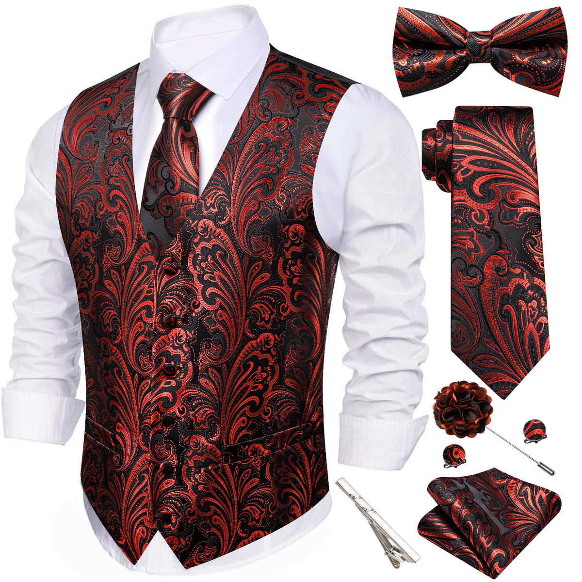 Barry.Wang Men's Suit Vest Tie Bowtie Hanky Cufflinks Clip Brooch 7PCS
