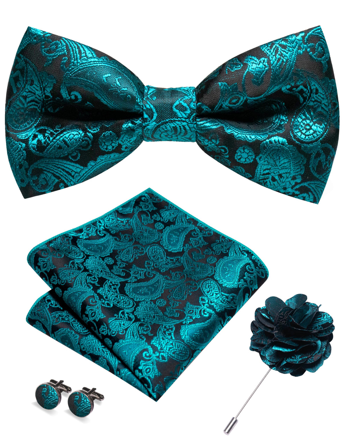 JEMYGINS Paisley Pre-tied Bow Tie and Pocket Square Cufflinks Lapel Pin Sets for Men 4PCS