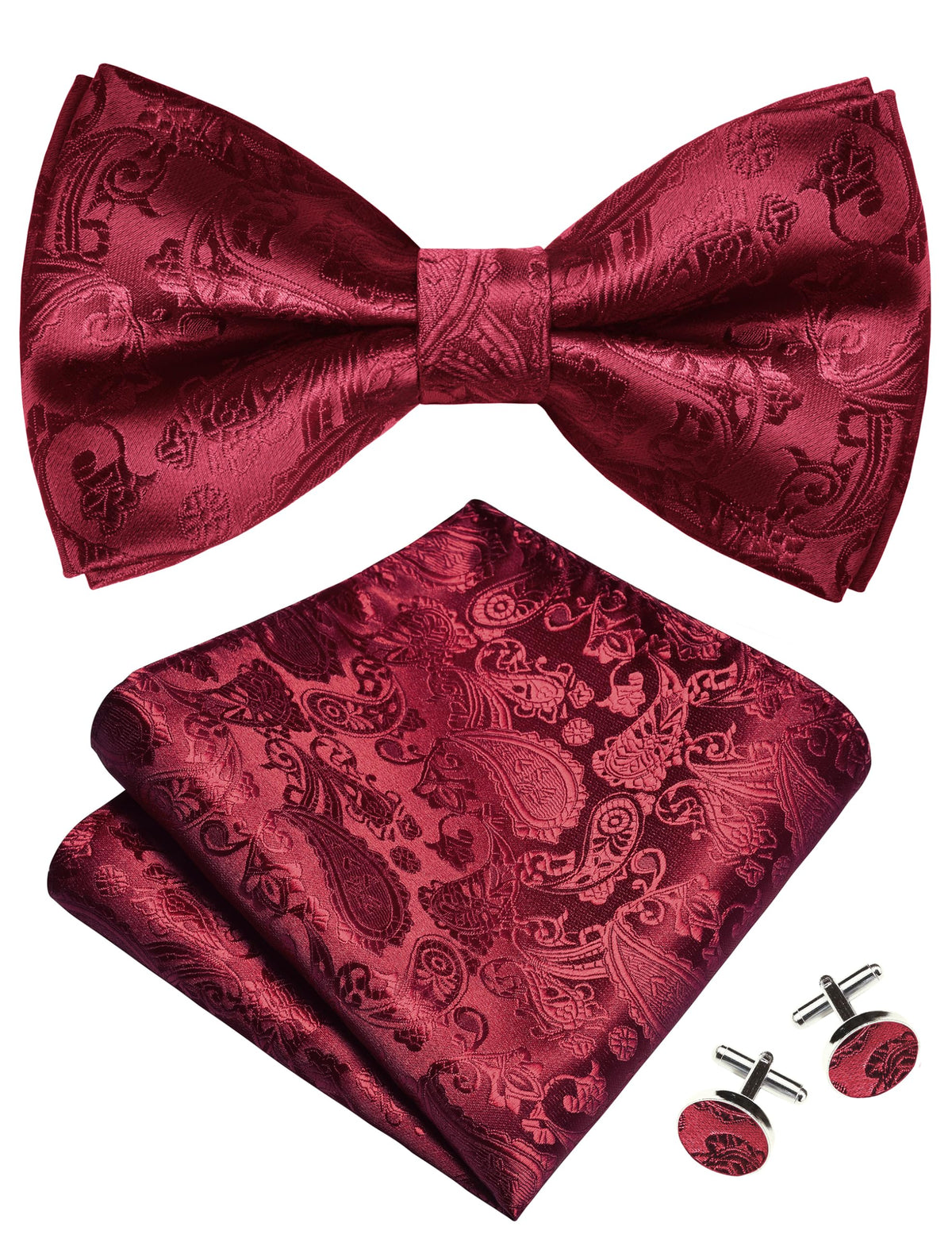 GUSLESON Mens Paisley Bow Tie Handkerchief Jacquard Woven Adjustable Pre-Tied Bowties Pocket Square Cufflinks Set