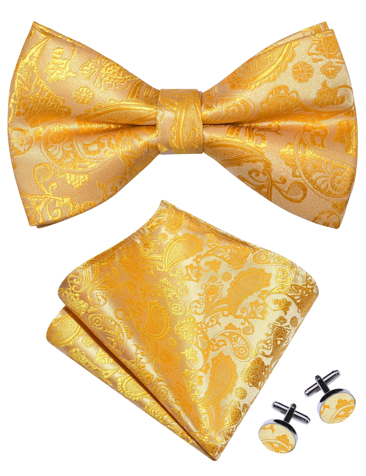 GUSLESON Mens Paisley Bow Tie Handkerchief Jacquard Woven Adjustable Pre-Tied Bowties Pocket Square Cufflinks Set