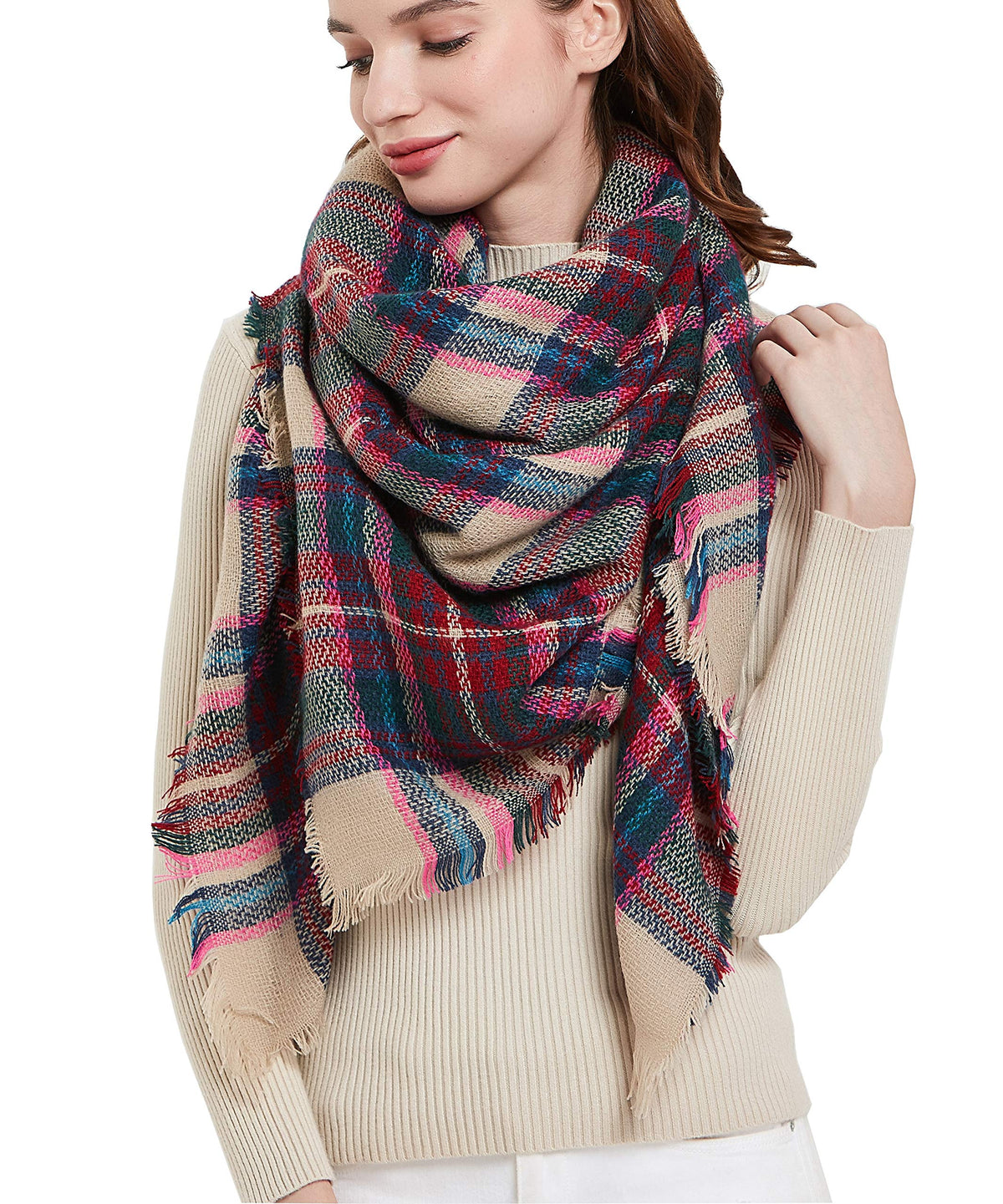 Wander Agio Womens Warm Blanket Scarf Square Winter Shawls Large Infinity Scarves Stripe Plaid Scarf