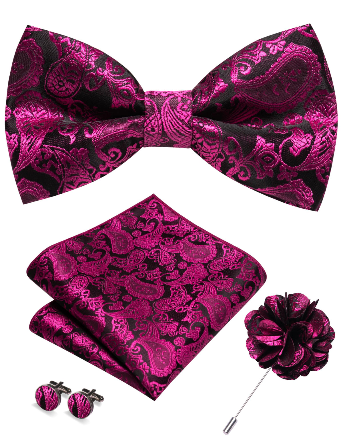 JEMYGINS Paisley Pre-tied Bow Tie and Pocket Square Cufflinks Lapel Pin Sets for Men 4PCS