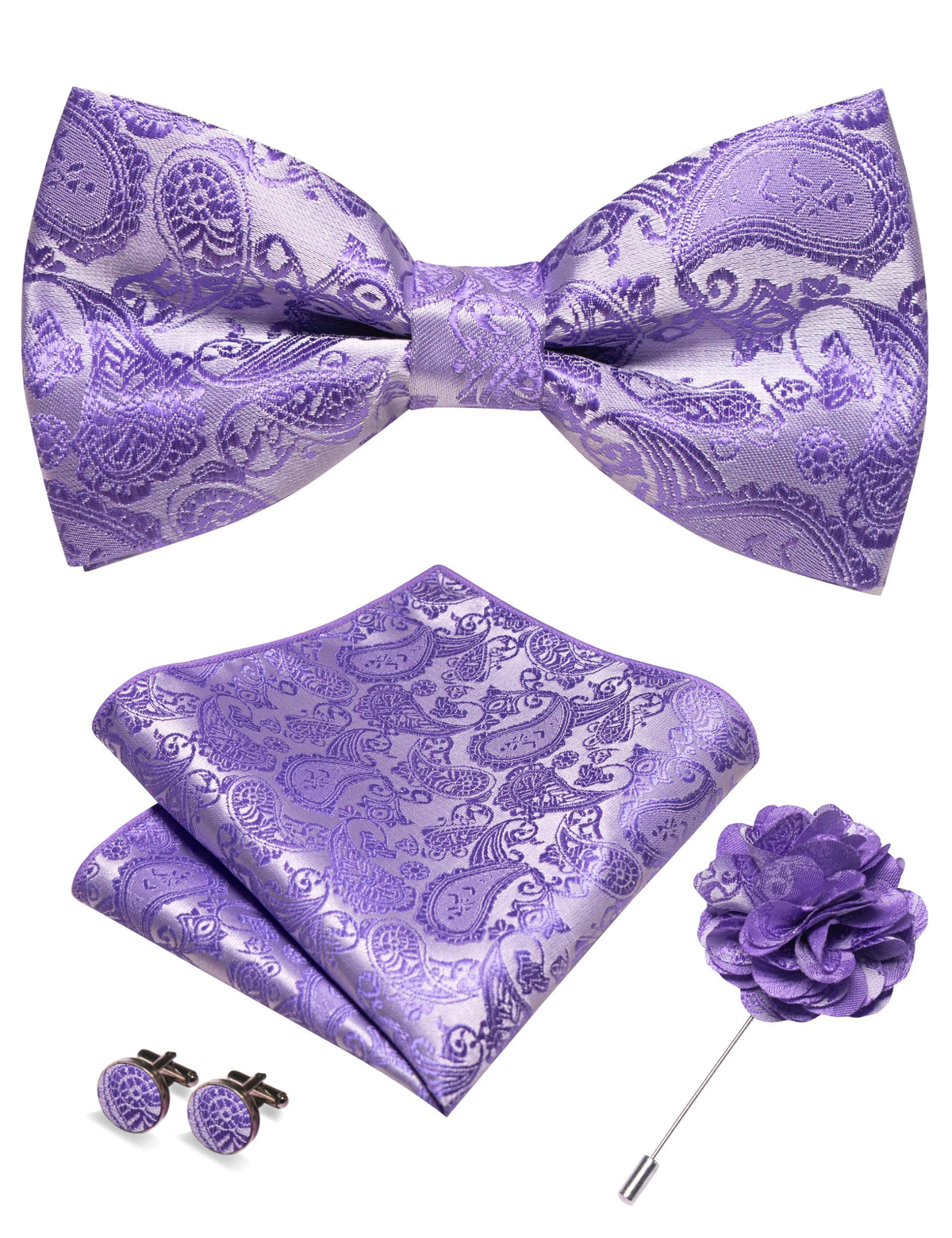 JEMYGINS Paisley Pre-tied Bow Tie and Pocket Square Cufflinks Lapel Pin Sets for Men 4PCS