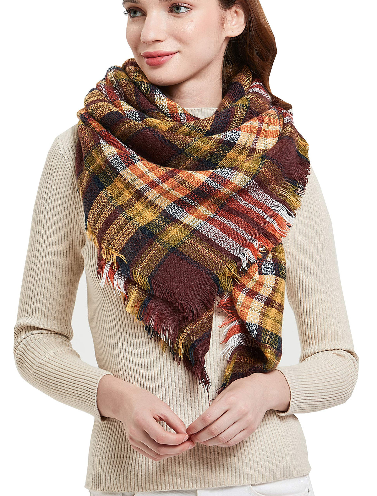 Wander Agio Womens Warm Blanket Scarf Square Winter Shawls Large Infinity Scarves Stripe Plaid Scarf